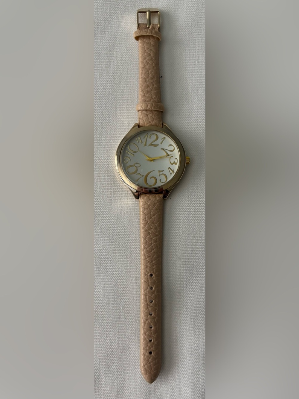 ⌚️3/$30⌚️ Gold Tone Round Face Watch  Artistic  Numbers Beige Leather Strap